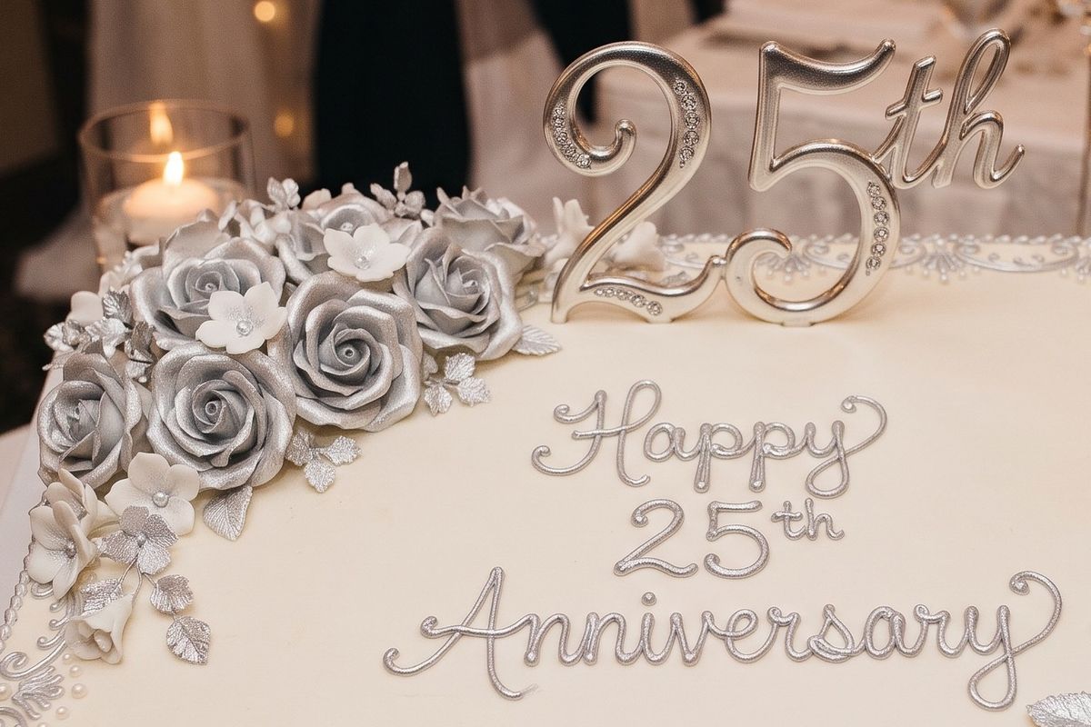 Ivory anniversary cake piped with “Happy 25th Anniversary” in silver script, with a silver “25th” topper, silver sugar roses and a glowing candle behind