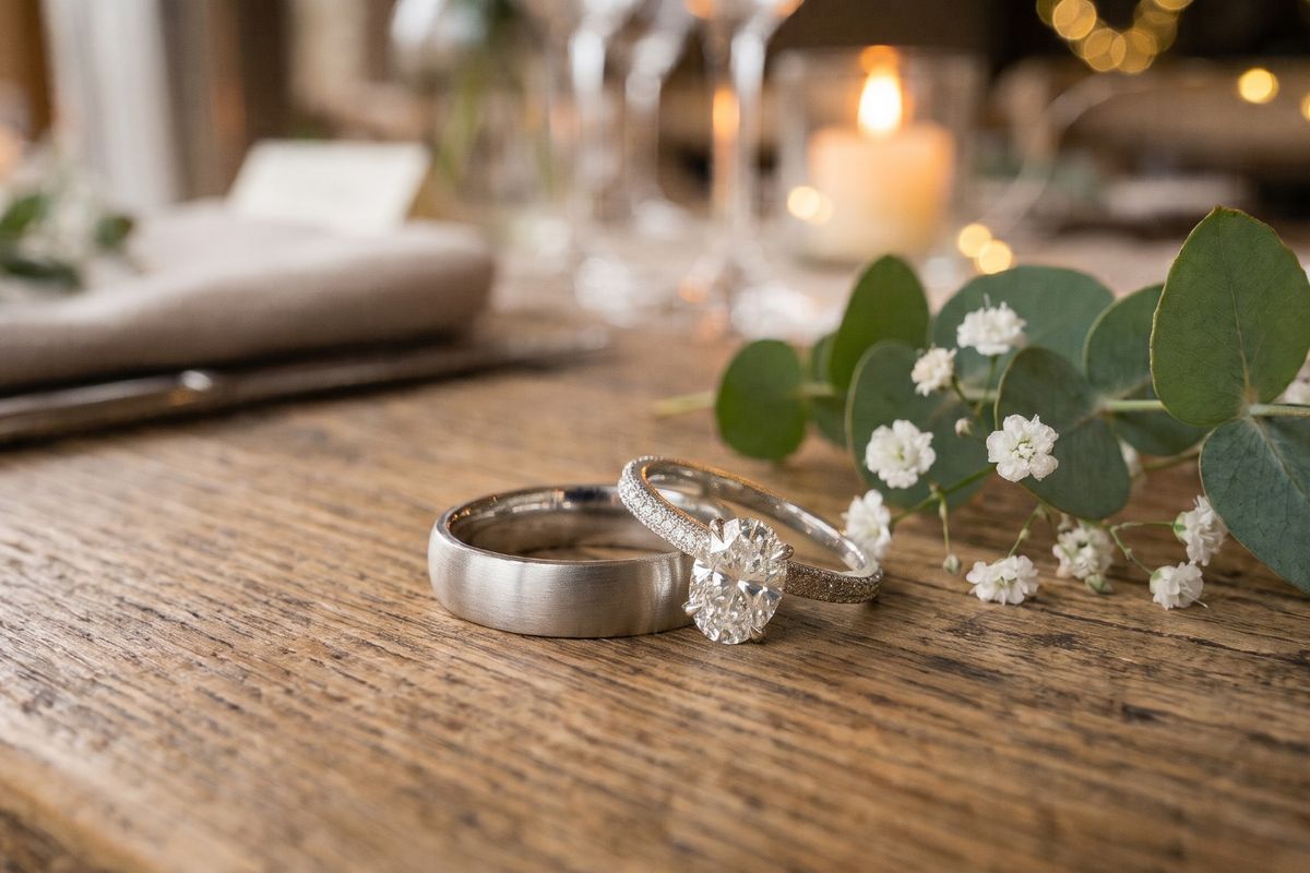 Diamond engagement ring and brushed silver wedding band on a rustic wooden table beside eucalyptus and baby's breath, with candlelight glowing in the background